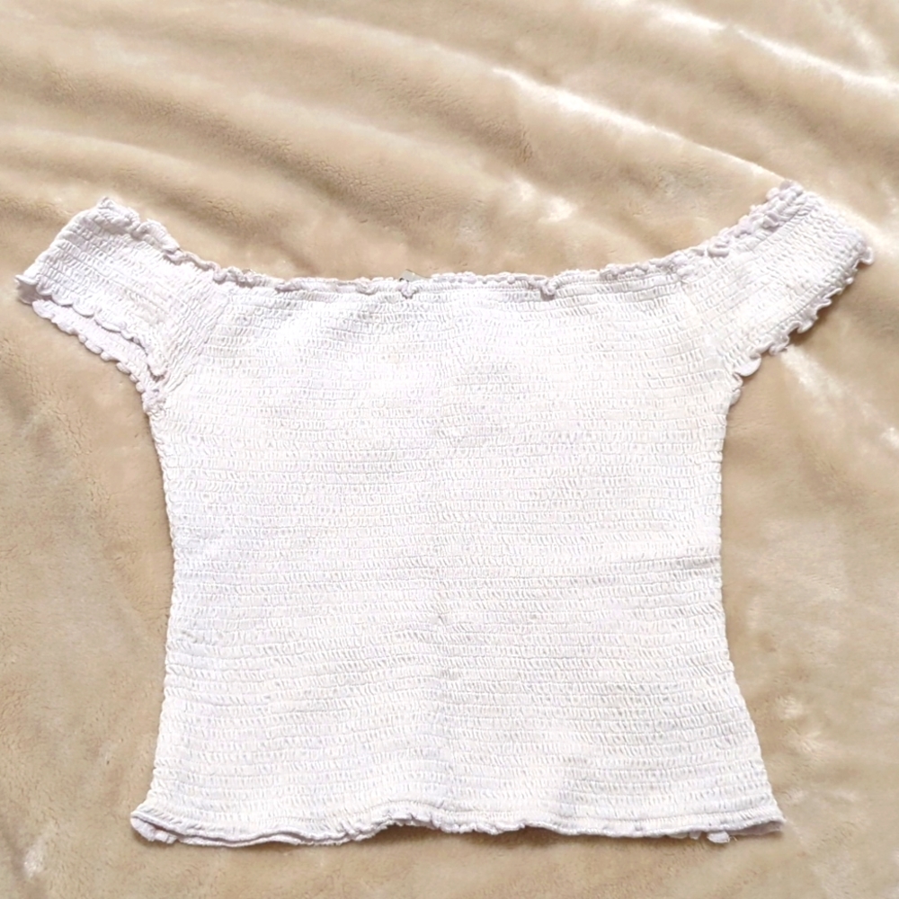 White frill off shoulder crop top